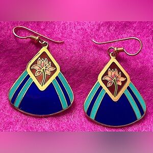 Vintage Laurel Burch "Water Lily Lotus Fans" cloisonné dangle earrings
